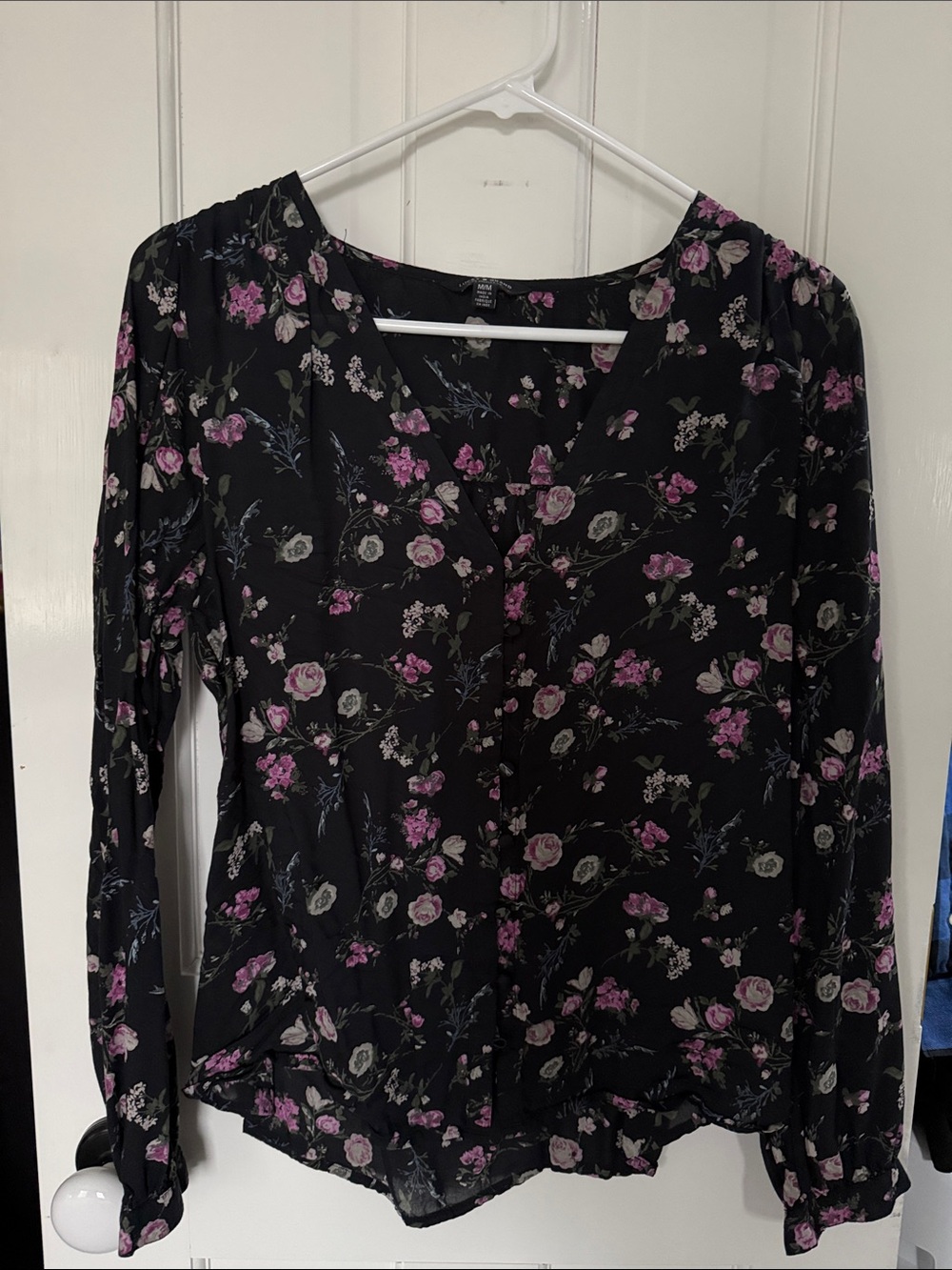 Lucky Brand Black Floral Button-Front Blouse with Pink Blossoms